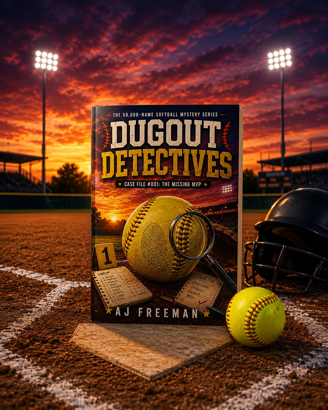 Dugout Detectives book displayed at home plate at sunset
